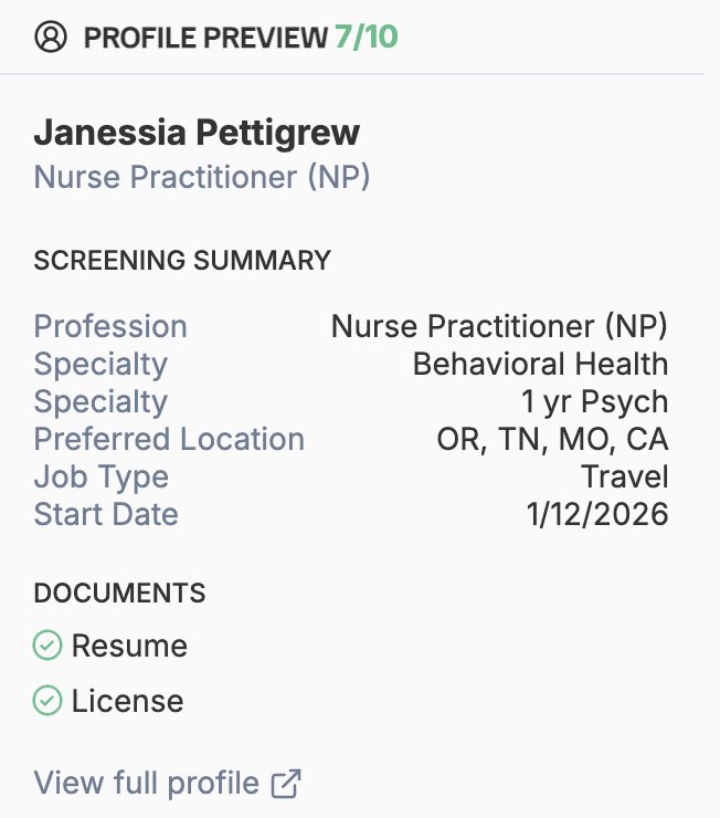 Clinician profile preview panel with screening summary and documents