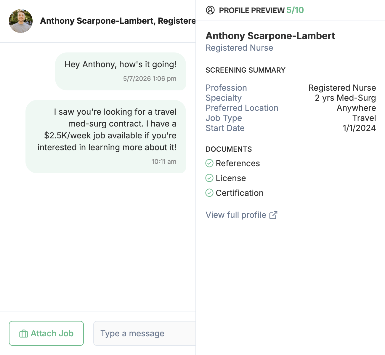 In-app messenger conversation with profile preview