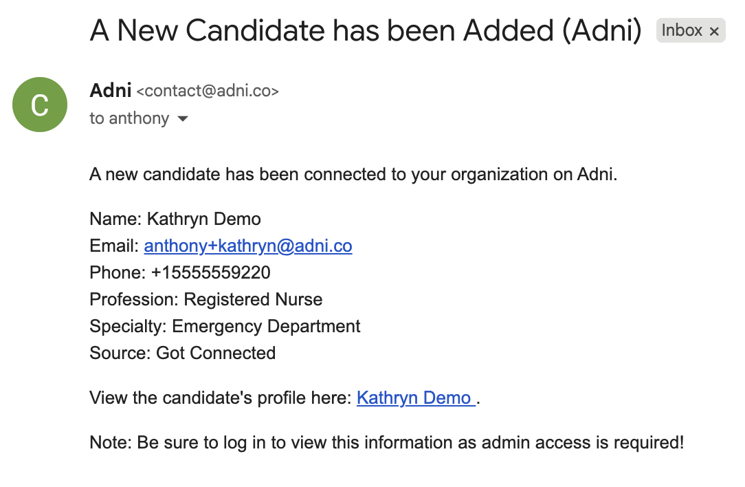 New candidate added email notification