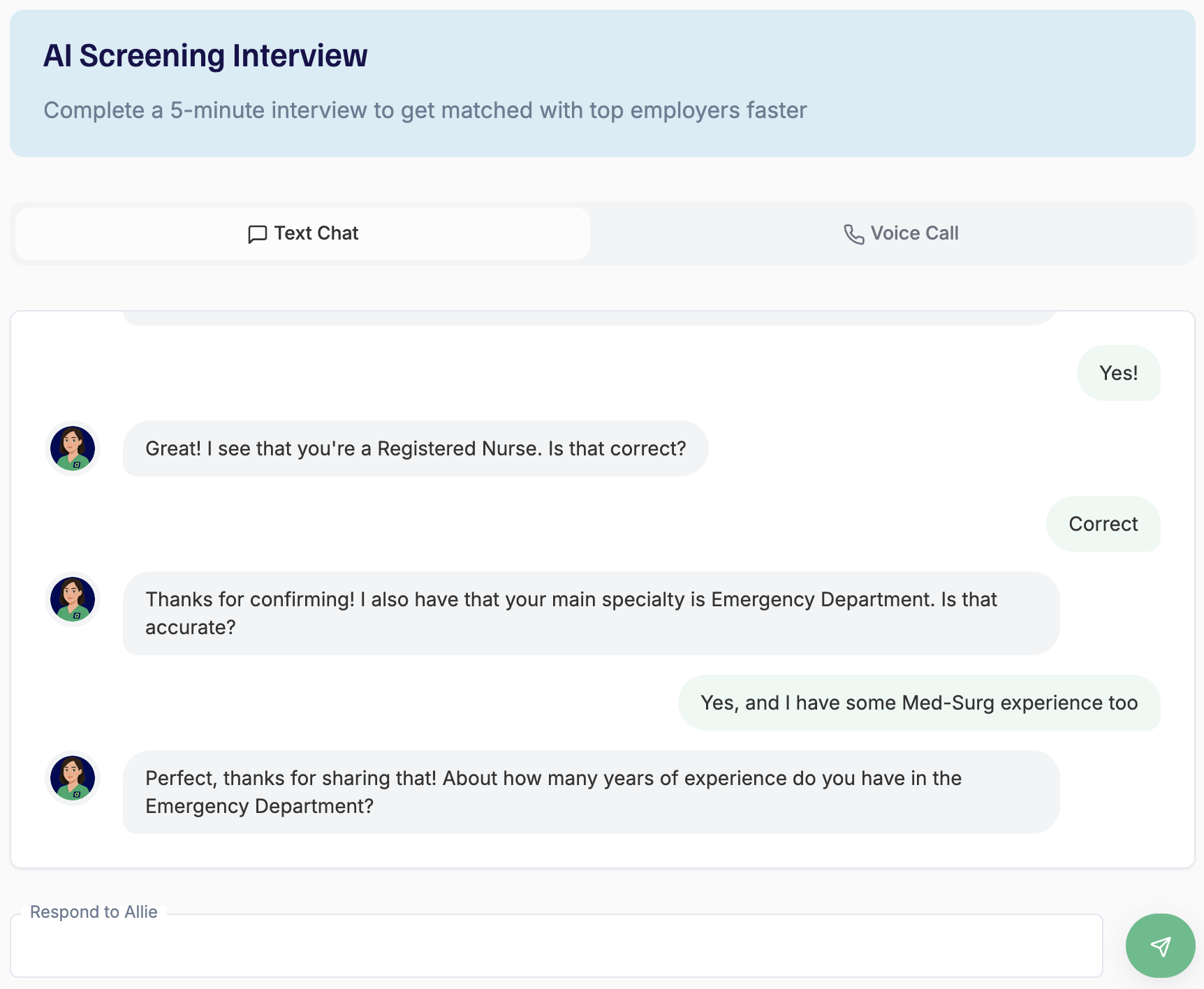 AI Screening Interview chat with Allie