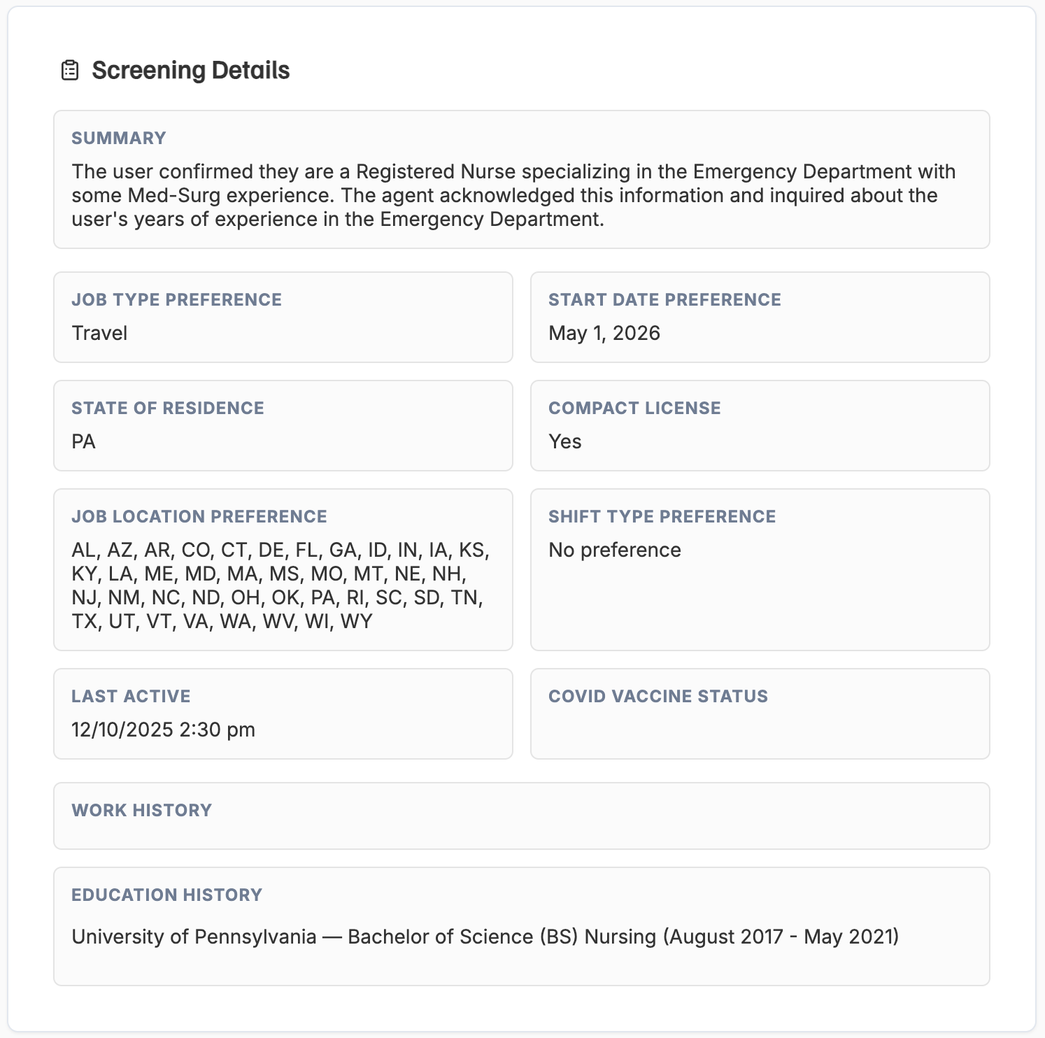 Screening details panel