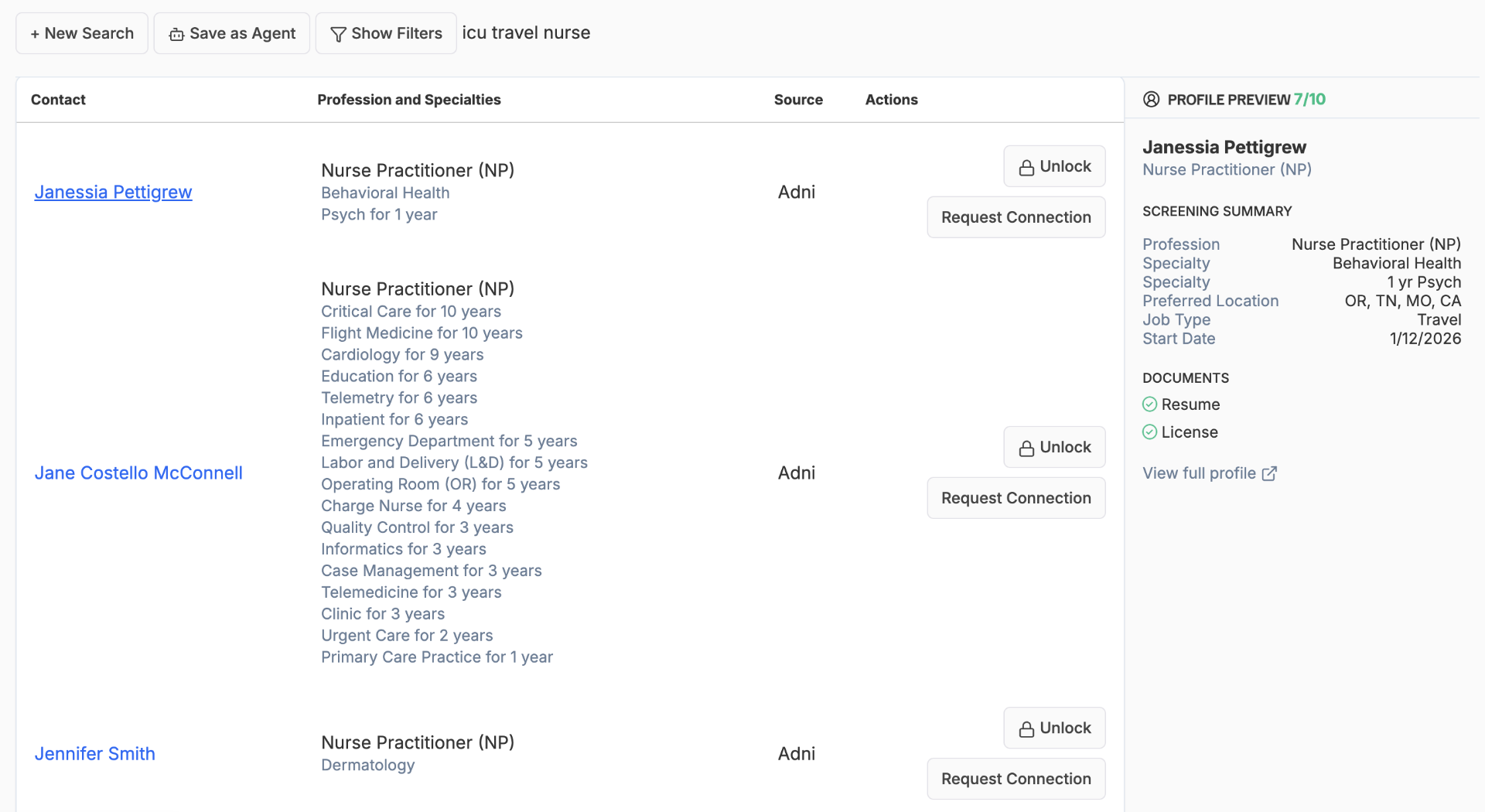 AI Sourcing Agent search results with candidate profile preview
