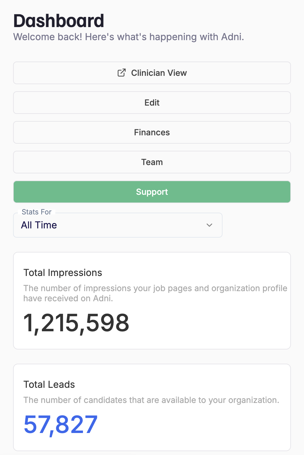 Adni admin portal dashboard with Support button
